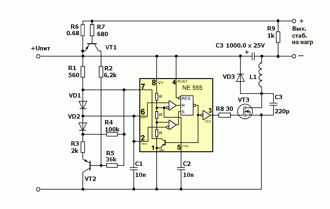 Схемы шим бп. Стабилизатор тока на 555 таймере. Регулируемый ШИМ стабилизатор напряжения схема. Схема широтно-импульсного стабилизатора напряжения. Импульсный блок питания на ne555.
